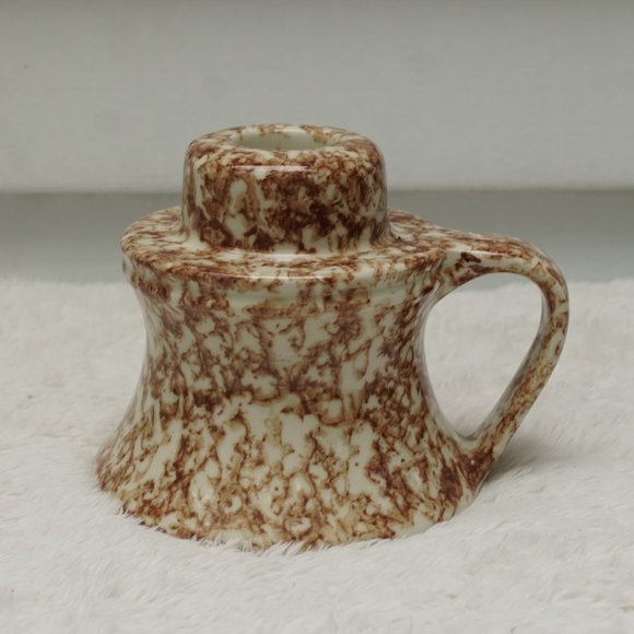 Vintage Speckled Country Farmhouse Cream Brown Ceramic Candlestick Holder